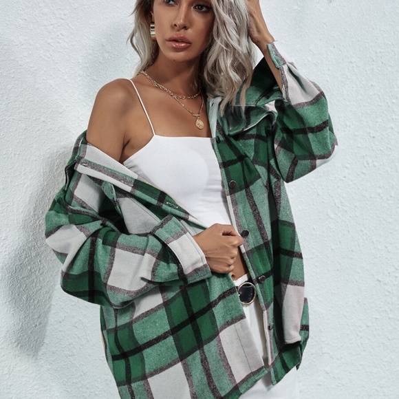 Boyfriend Fit Plaid Jacket oversized button pocket - Picture 7 of 12